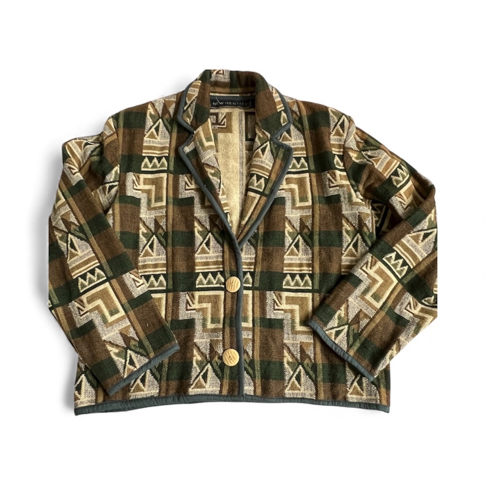 New Identity Tapestry Jacket Blazer Size M Aztec Green Cream Cotton India Short